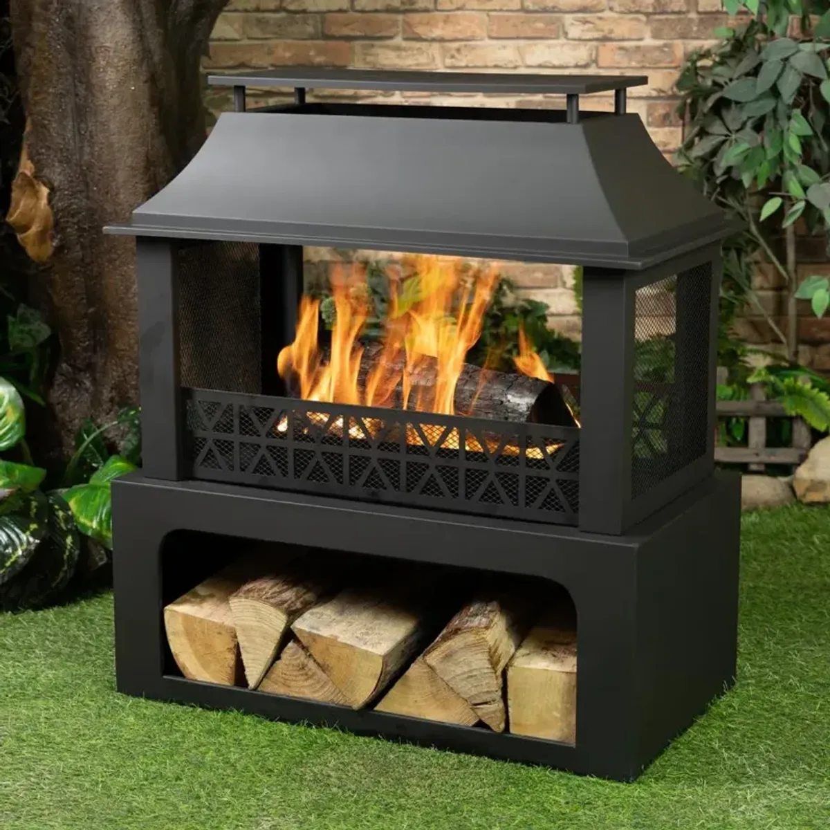 Deko Living 36 Inch Rectangular Outdoor Steel Woodburning Fireplace with Log Storage