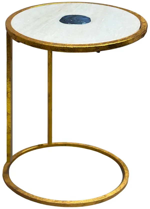 20 Inch Round Side End Table, White Marble Top with Blue Agate Stone Inlay, Gold Foil Finish Iron Frame - Benzara