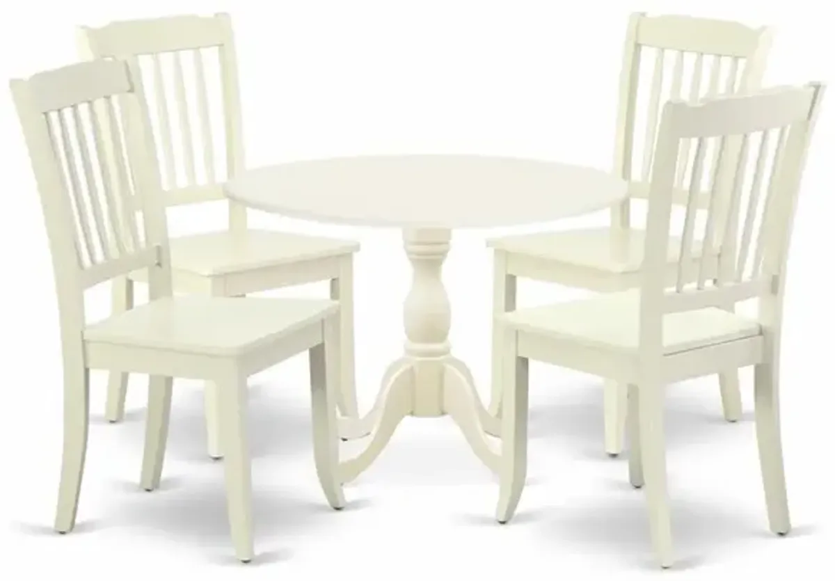 East West Furniture DMDA5-LWH-W 5 Piece Dining Room Table Set Consists of 1 Drop Leaves Dining Room Table and 4 Linen White Dinning Chairs with Slatted Back - Linen White Finish