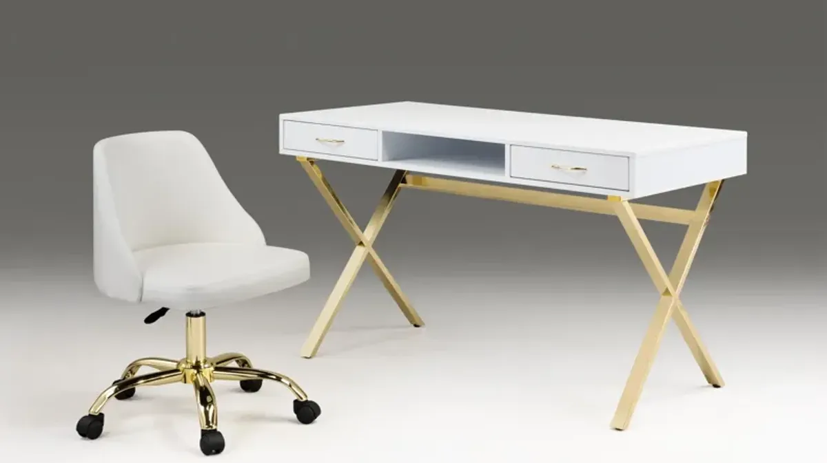 White top desk with two drawers/gold base