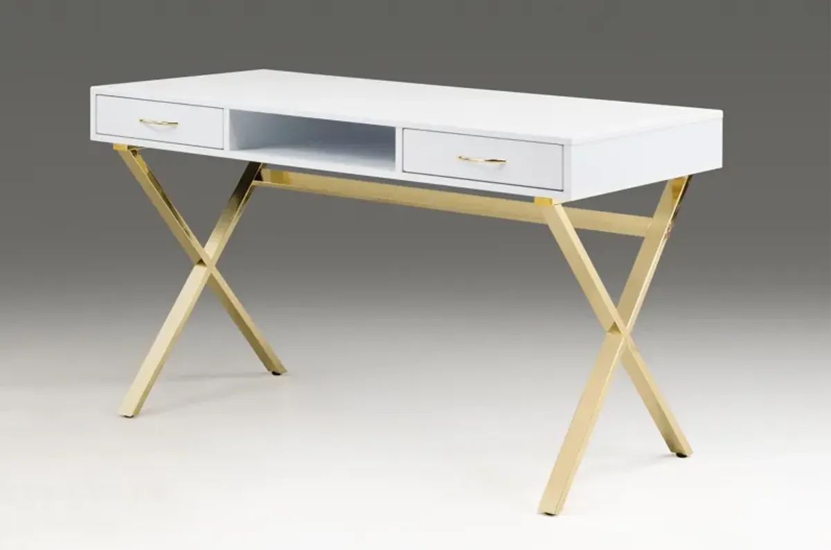 White top desk with two drawers/gold base