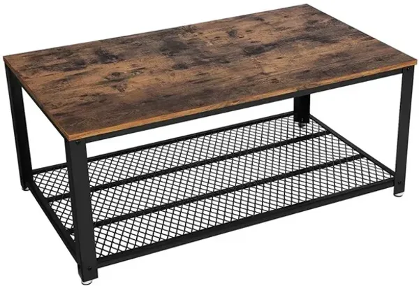 Metal Frame Coffee Table with Wooden Top and Mesh Bottom Shelf, Brown and Black-Benzara