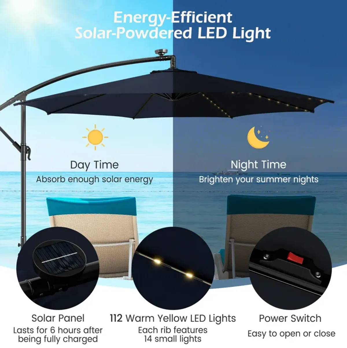 10-Foot Patio Offset Umbrella with 112 Solar-Powered LED Lights for Outdoor Shade and Illumination