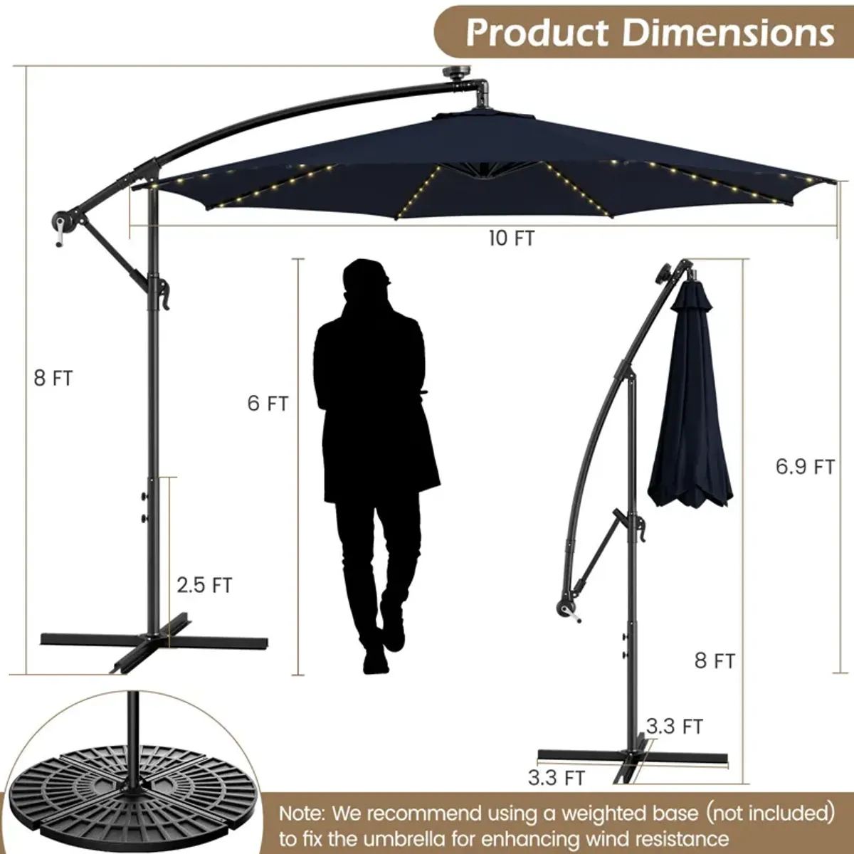 10-Foot Patio Offset Umbrella with 112 Solar-Powered LED Lights for Outdoor Shade and Illumination