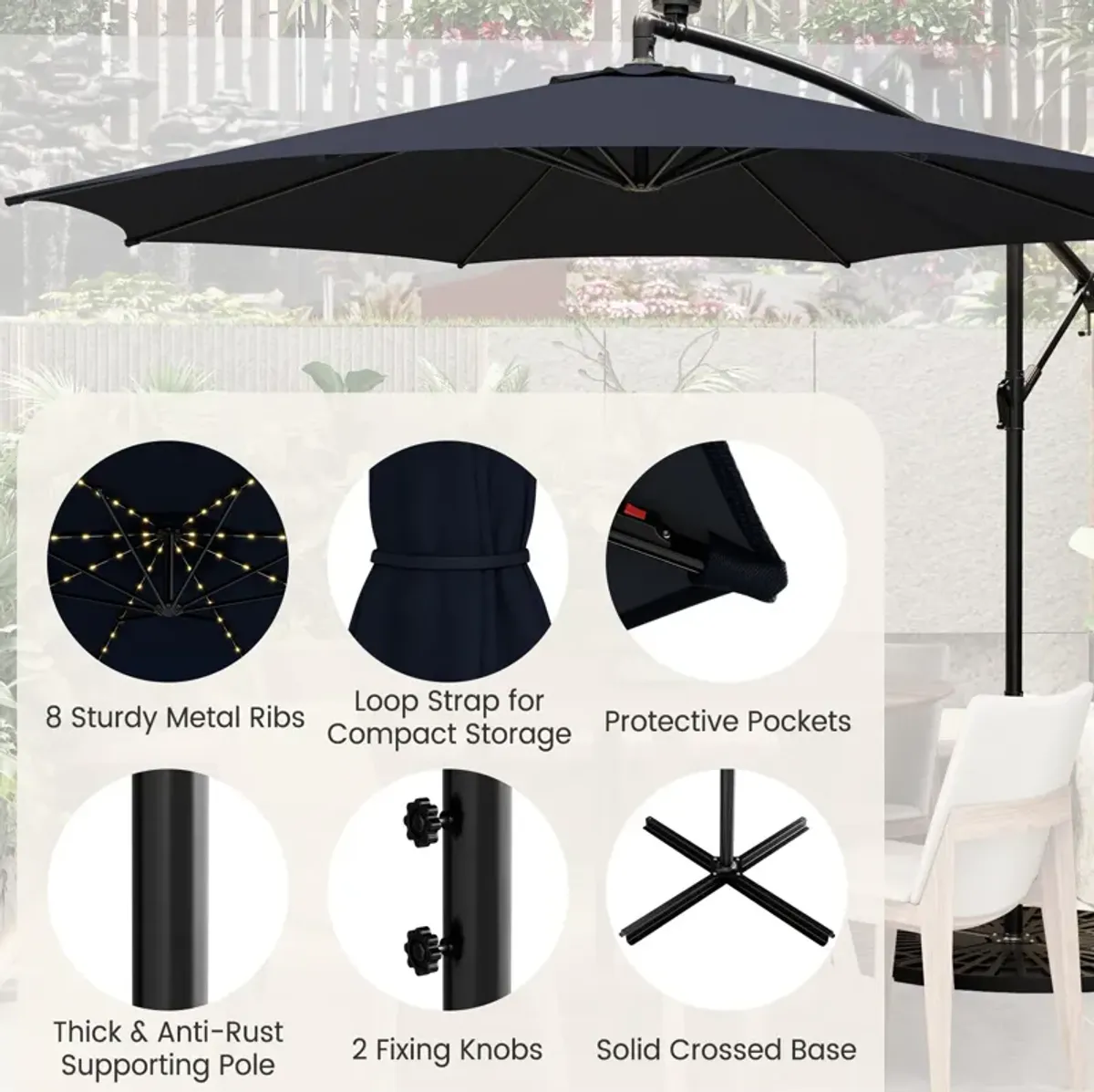 10-Foot Patio Offset Umbrella with 112 Solar-Powered LED Lights for Outdoor Shade and Illumination