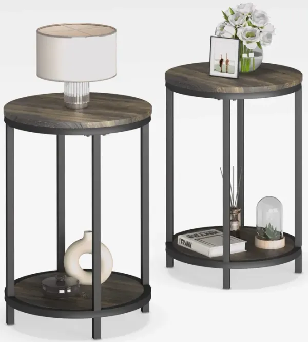 NSdirect Round Side Table Set of 2,16in Rustic Wooden End Table Surface Top & Sturdy Metal Legs Nightstand for Living Room Bedro