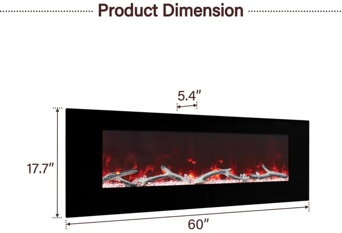 60 Inch 1500W Wall-Mount Fireplace with Multicolor Flame