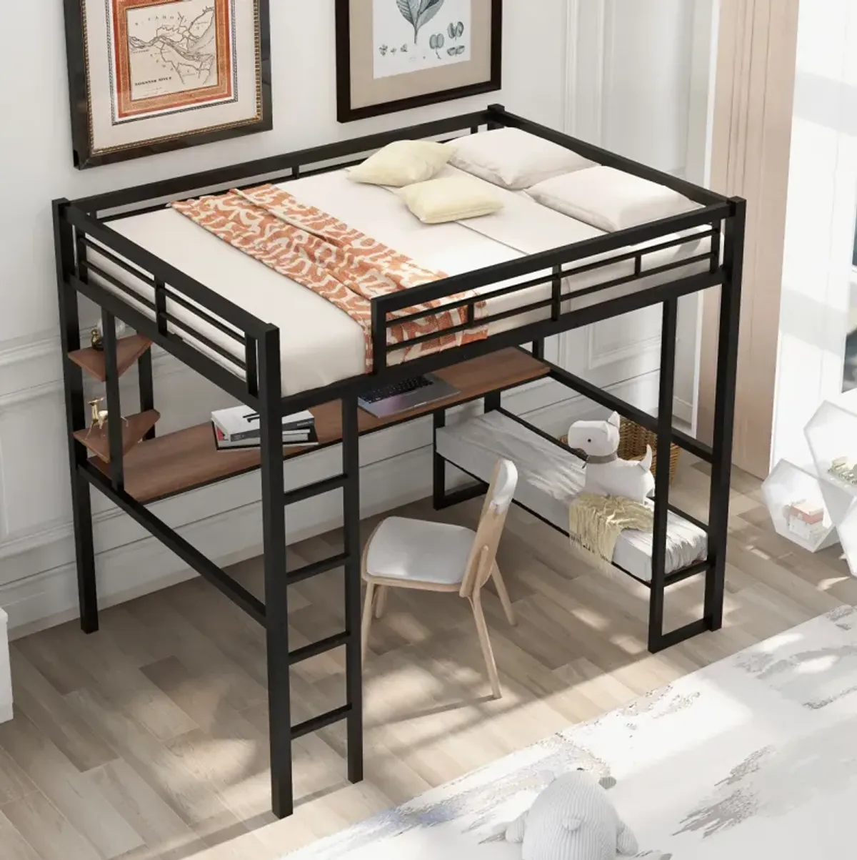 Full Size Loft Metal MDF Bed With Long Desk And Shelves