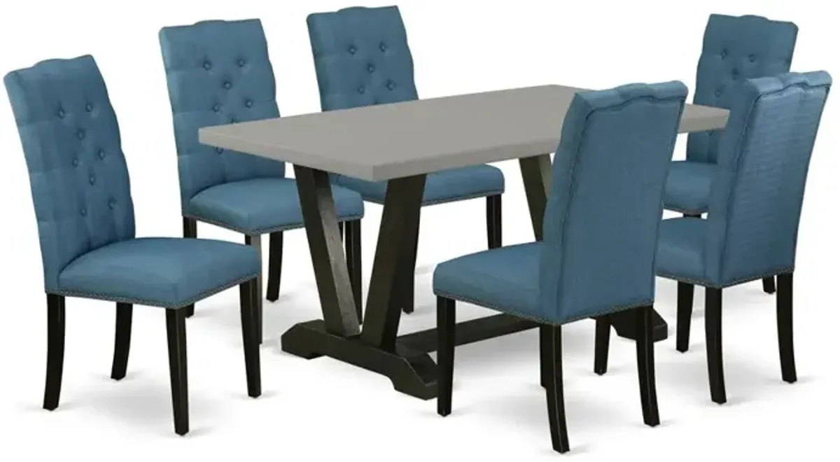 East West Furniture 7-Piece Beautiful Rectangular Dining Room Table Set a Great Cement Color Modern Dining Table Top and 6 Beautiful Linen Fabric Parson Dining Room Chairs with Nail Heads and Button T