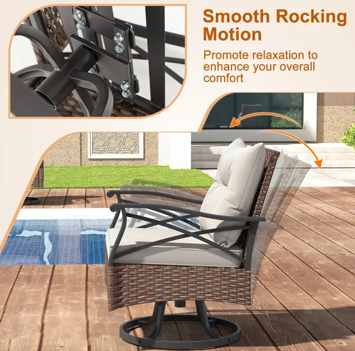 3 Pieces Outdoor Swivel Rocking Chairs Set with 2-Tier Tempered Glass Side Table-Brown