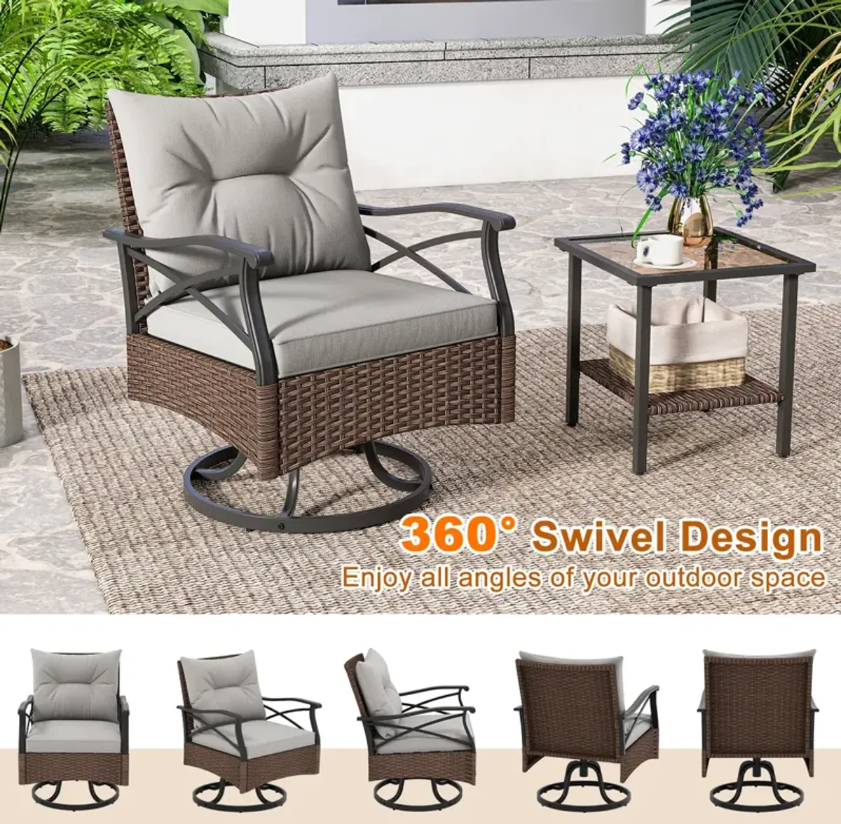 3 Pieces Outdoor Swivel Rocking Chairs Set with 2-Tier Tempered Glass Side Table-Brown