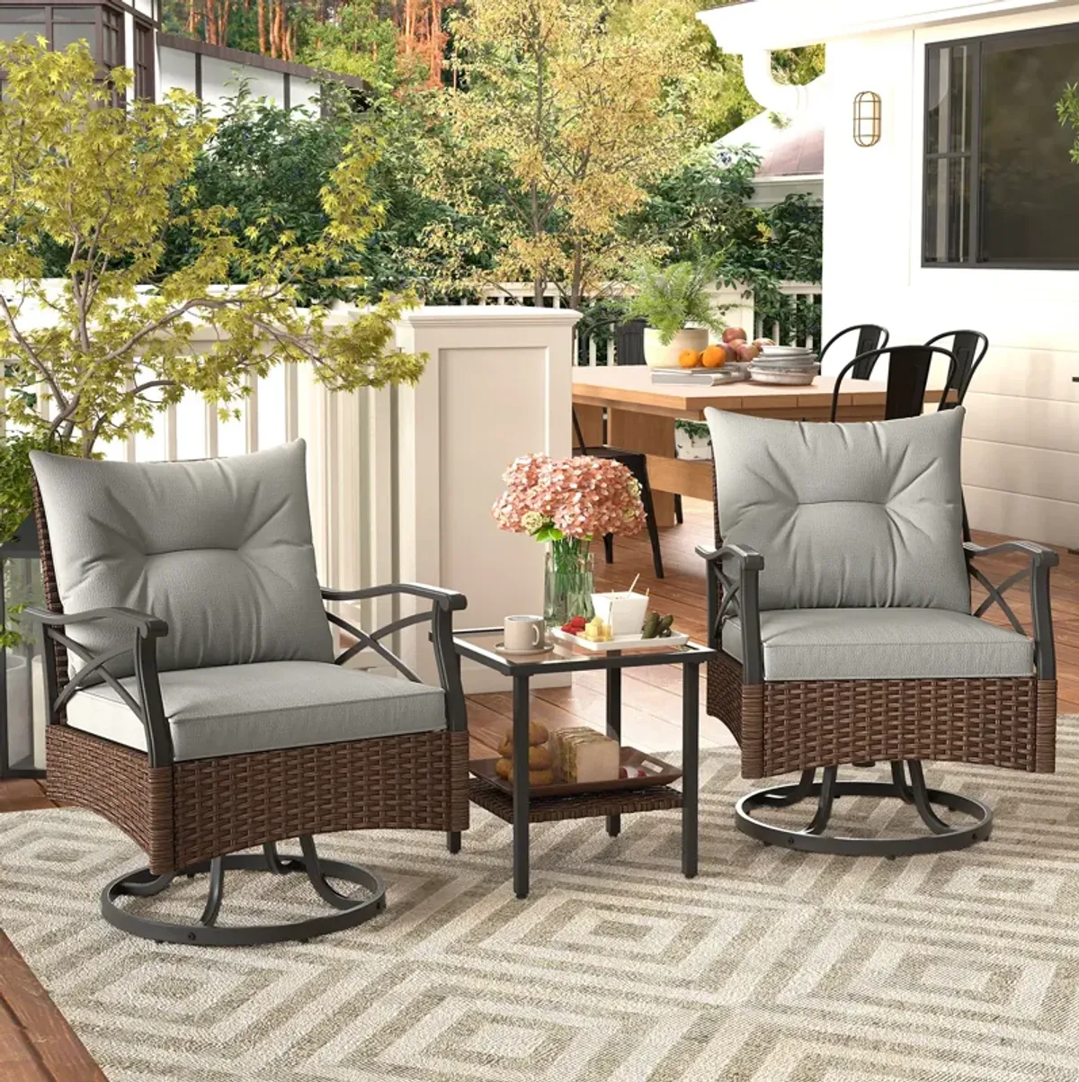 3 Pieces Outdoor Swivel Rocking Chairs Set with 2-Tier Tempered Glass Side Table-Brown