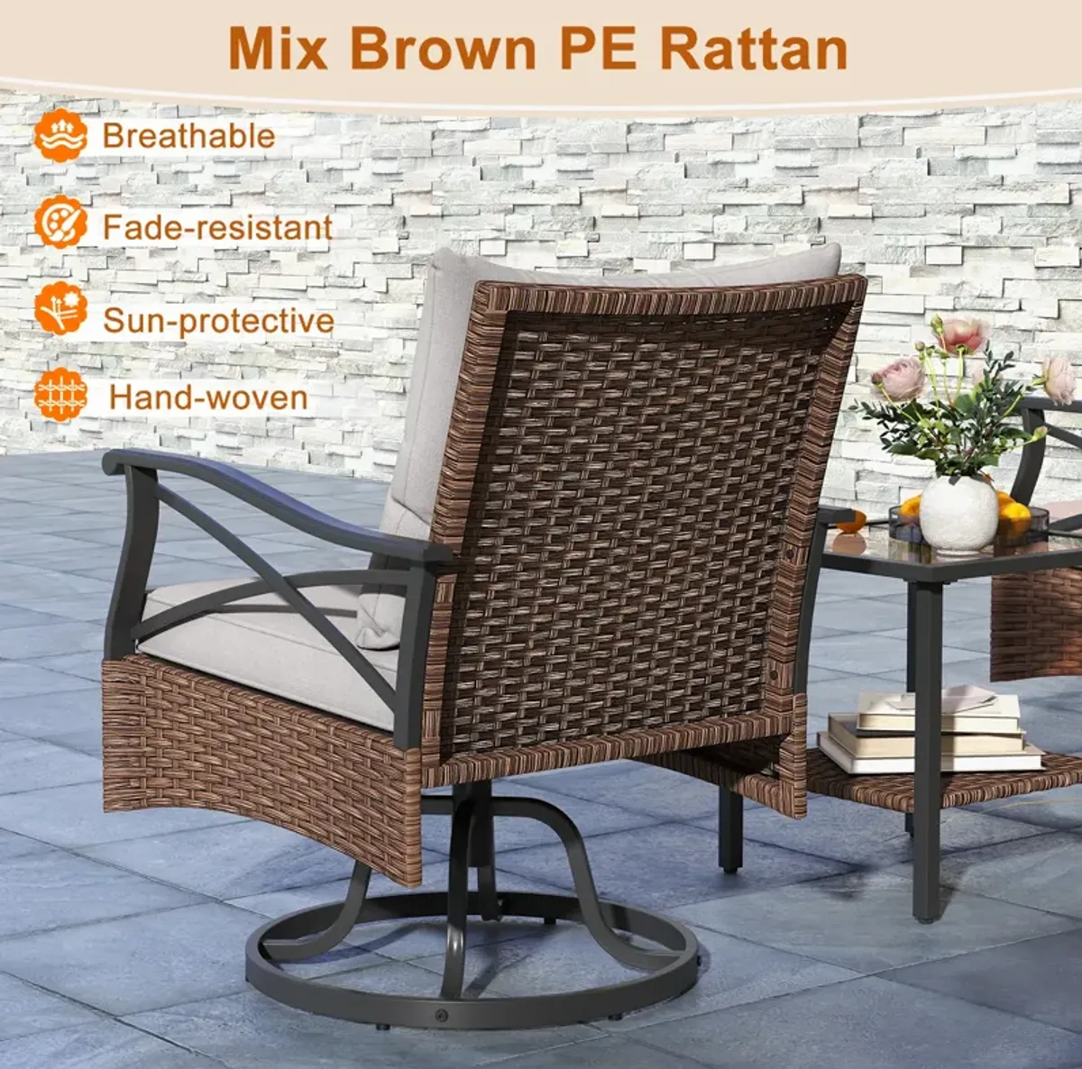 3 Pieces Outdoor Swivel Rocking Chairs Set with 2-Tier Tempered Glass Side Table-Brown