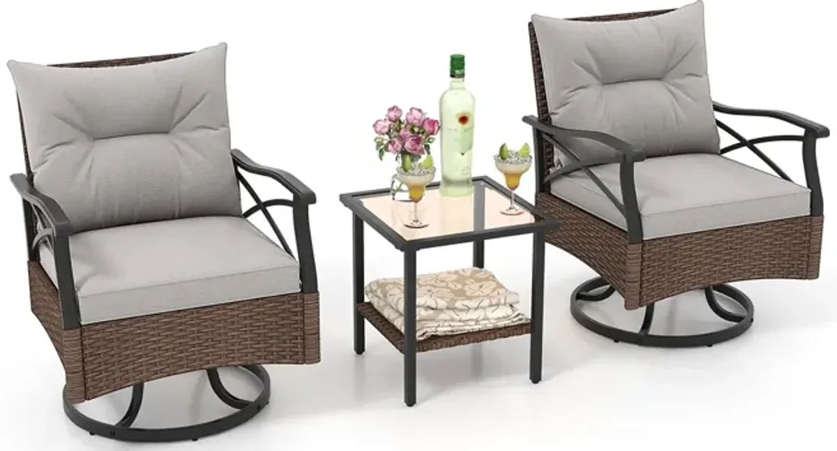 3 Pieces Outdoor Swivel Rocking Chairs Set with 2-Tier Tempered Glass Side Table-Brown