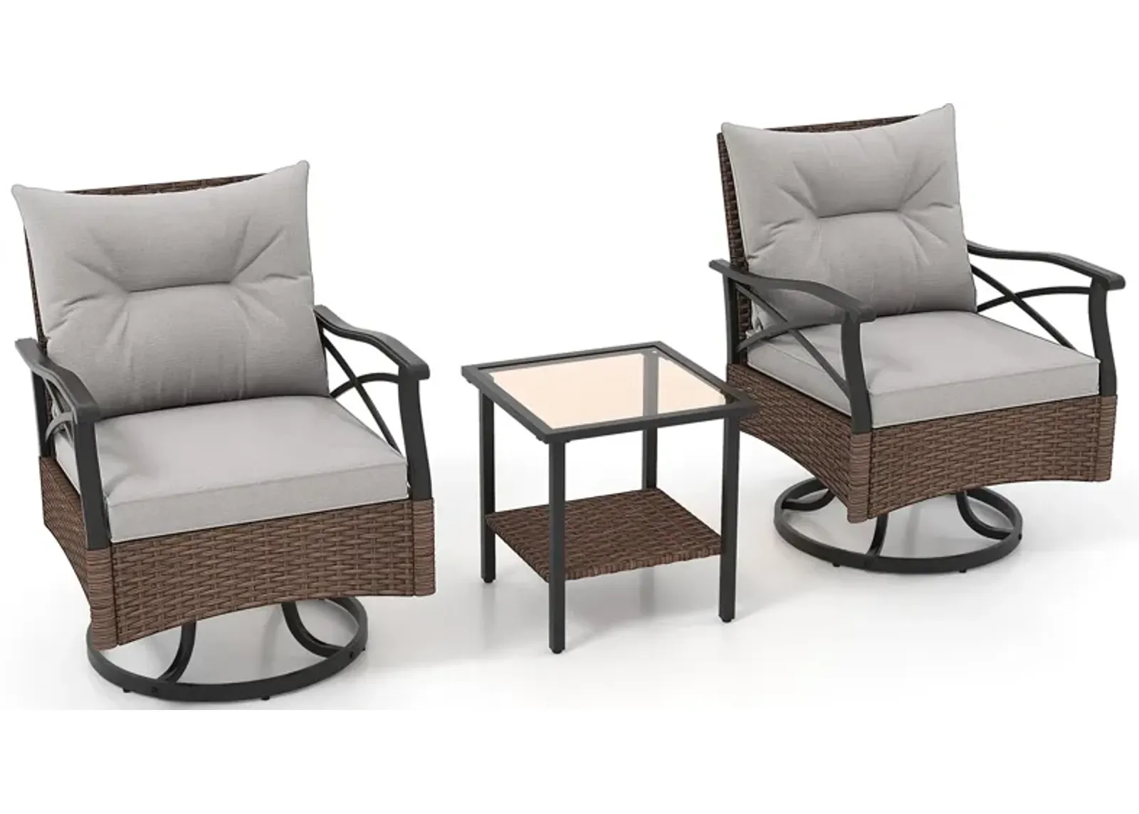 3 Pieces Outdoor Swivel Rocking Chairs Set with 2-Tier Tempered Glass Side Table-Brown