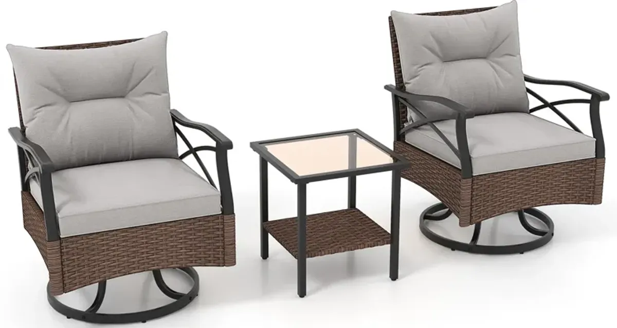 3 Pieces Outdoor Swivel Rocking Chairs Set with 2-Tier Tempered Glass Side Table-Brown