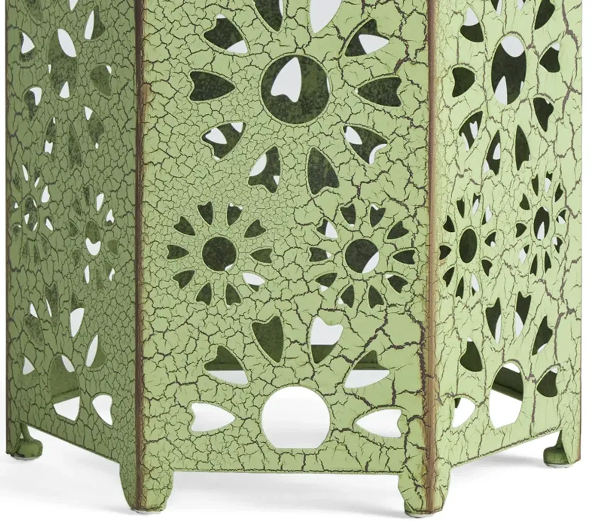 Liana Outdoor Side Table, Hexagonal 12 Inch, Sunburst Cut Out, Green - Benzara