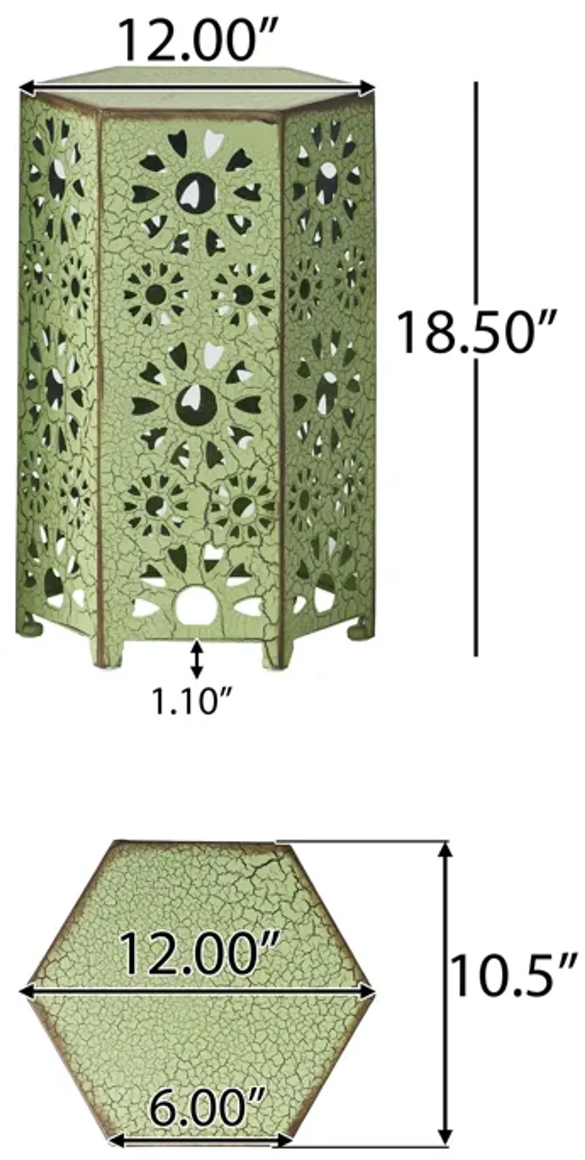 Liana Outdoor Side Table, Hexagonal 12 Inch, Sunburst Cut Out, Green - Benzara