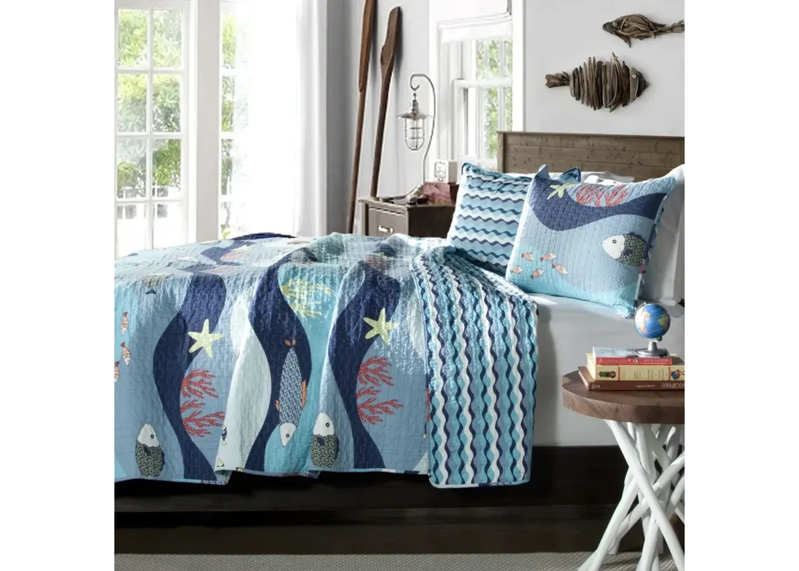 QuikFurn Full / Queen Blue Serenity Sea Fish Coral Coverlet Quilt Bedspread Set