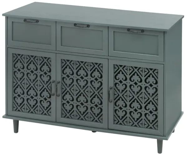 无库存3 Door 3 Drawer carve patterns Cabinet, Dark Green