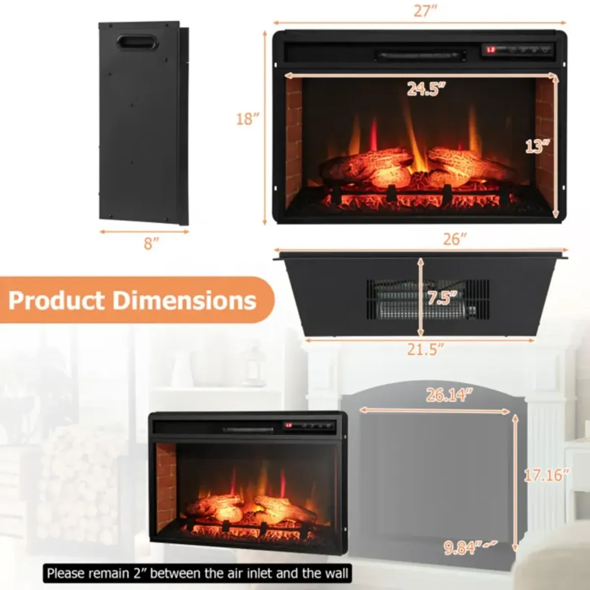 Hivvago 26 Inch Infrared Electric Fireplace Insert with Remote Control-Black