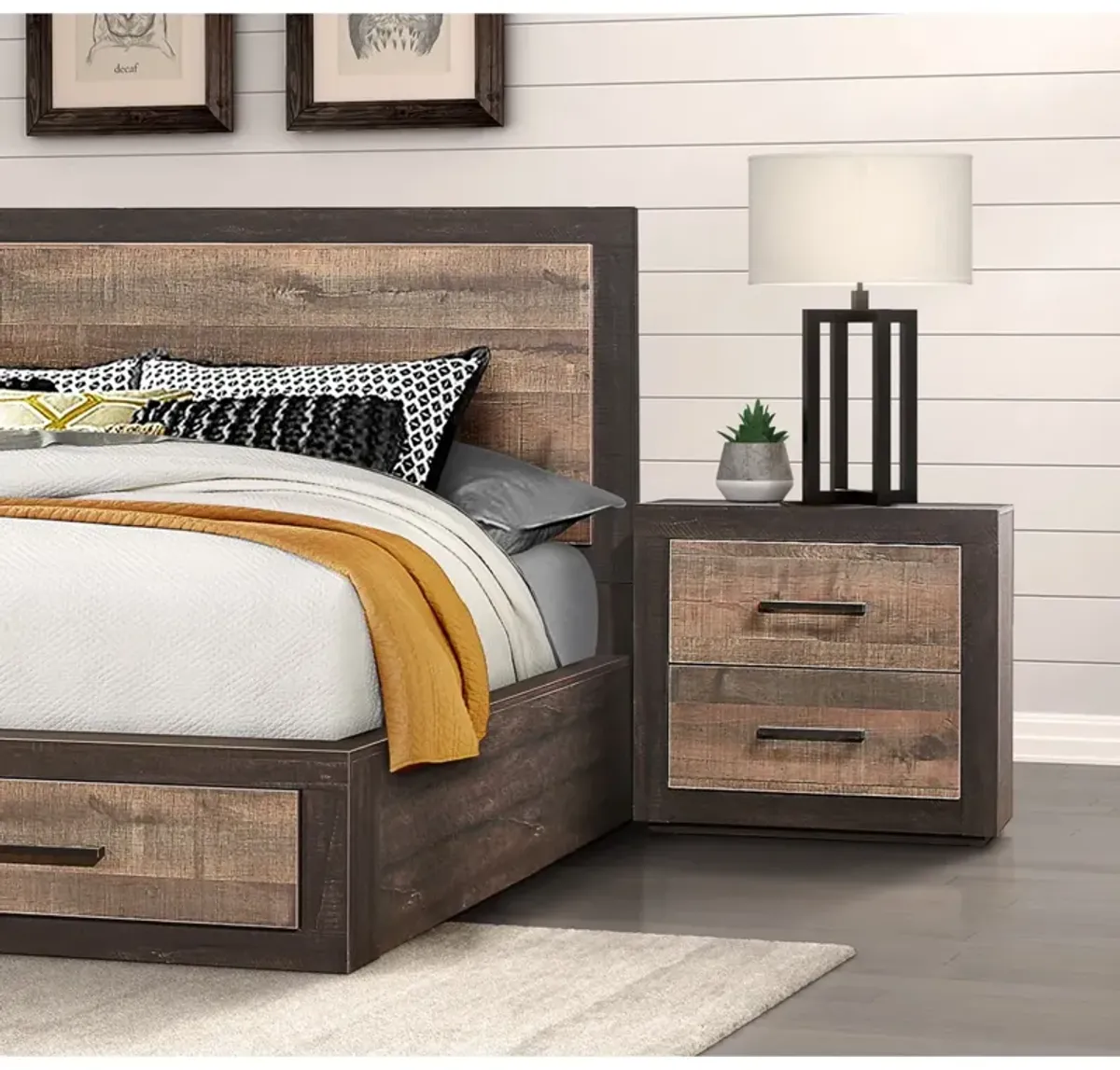 Contemporary Style Bedroom Nightstand Natural Wood Grain Look Two Tone Finish Bedside Table MDF Veneer