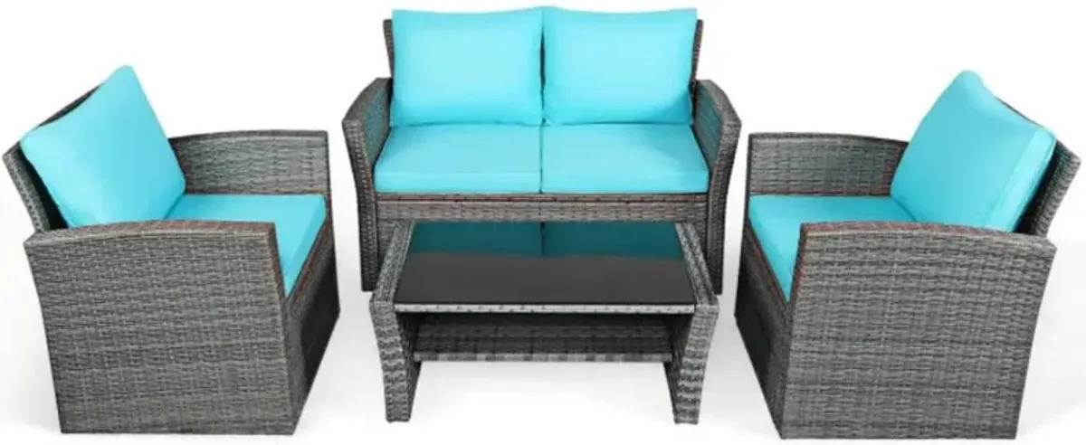 Hivvago 4 Pieces Patio Rattan Furniture Set Sofa Table with Storage Shelf Cushion