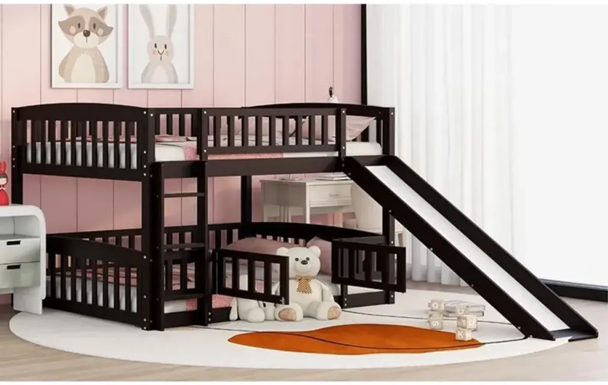 Bunk Bed With Slide, Full Over Full Low Bunk Bed With Fence And Ladder For Toddler Kids Teens