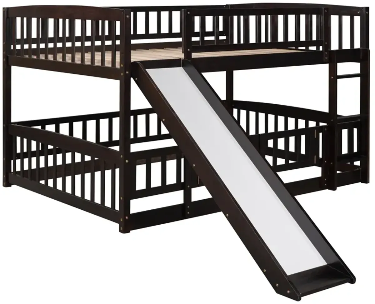 Bunk Bed With Slide, Full Over Full Low Bunk Bed With Fence And Ladder For Toddler Kids Teens