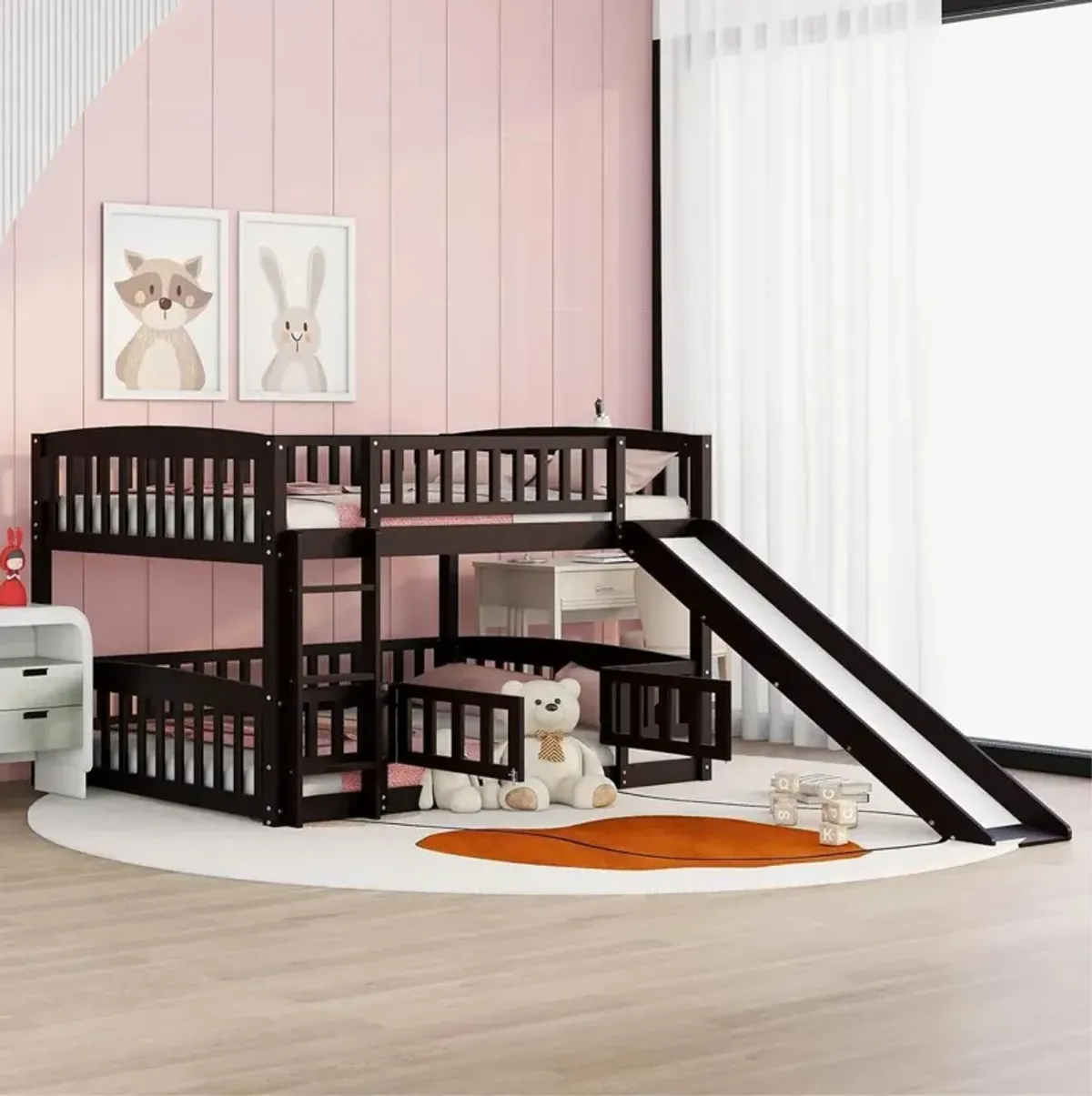 Bunk Bed With Slide, Full Over Full Low Bunk Bed With Fence And Ladder For Toddler Kids Teens