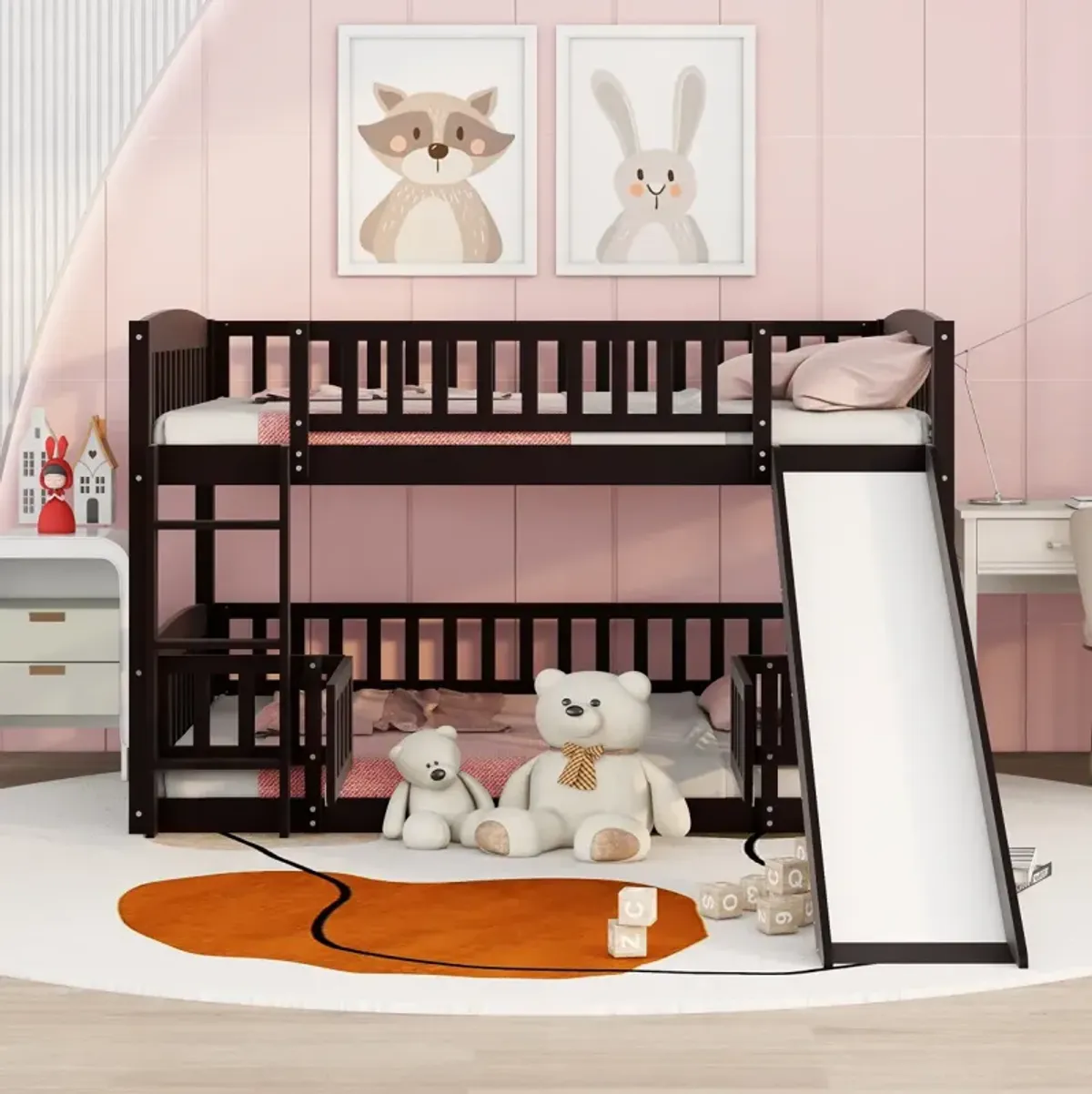 Bunk Bed With Slide, Full Over Full Low Bunk Bed With Fence And Ladder For Toddler Kids Teens