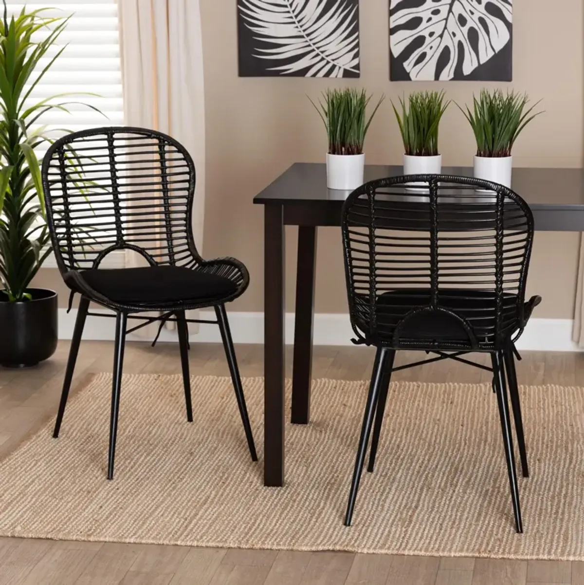 Bali & Pari Brenna Modern Bohemian Black Finished Rattan and Metal 2-Piece Dining Chair Set