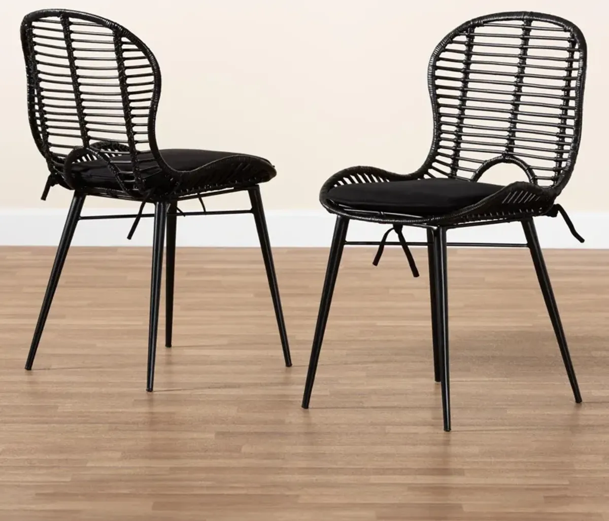 Bali & Pari Brenna Modern Bohemian Black Finished Rattan and Metal 2-Piece Dining Chair Set