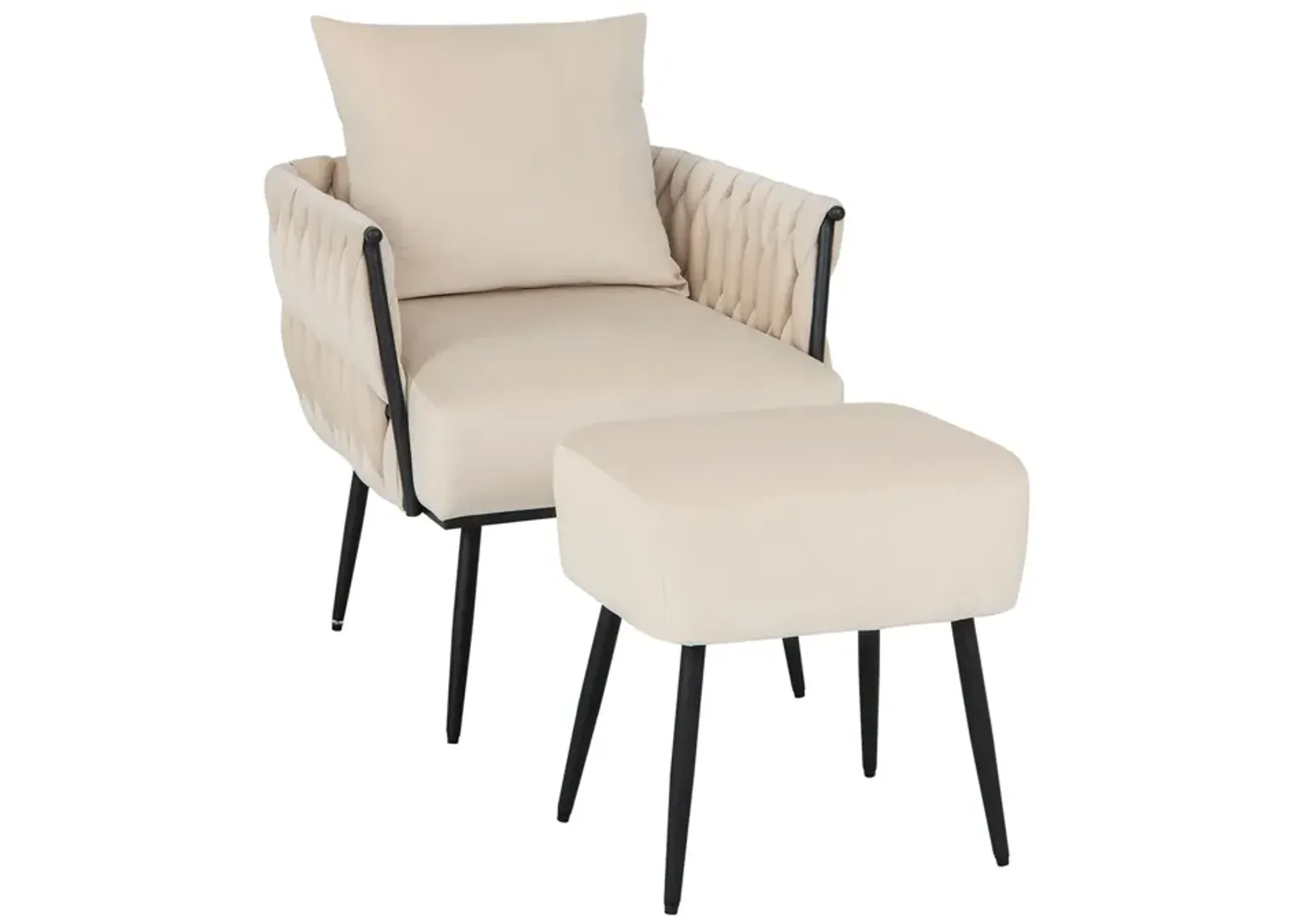 Modern Dutch Velvet Accent Chair and Ottoman Set with Weaved Back and Arms