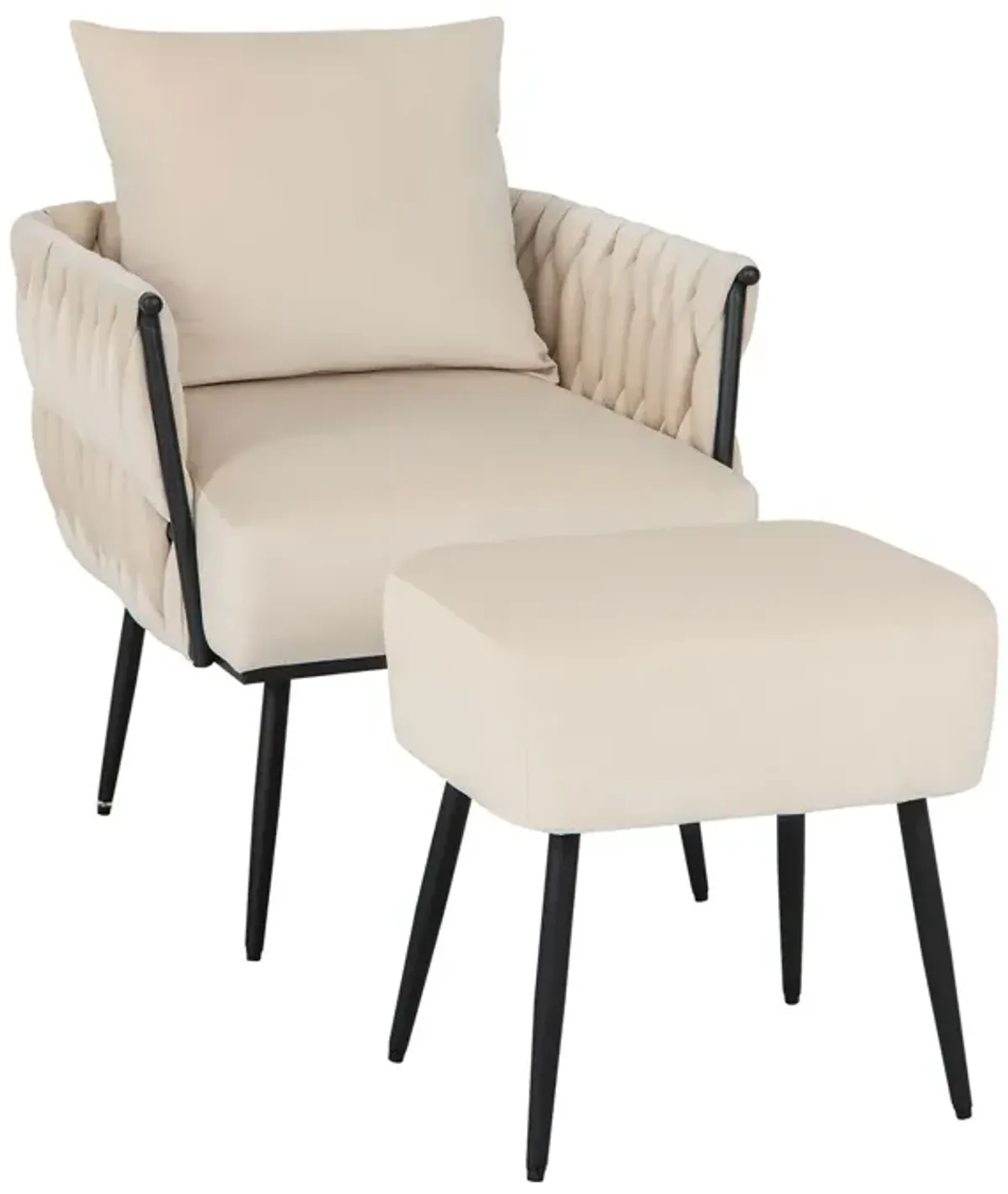 Modern Dutch Velvet Accent Chair and Ottoman Set with Weaved Back and Arms