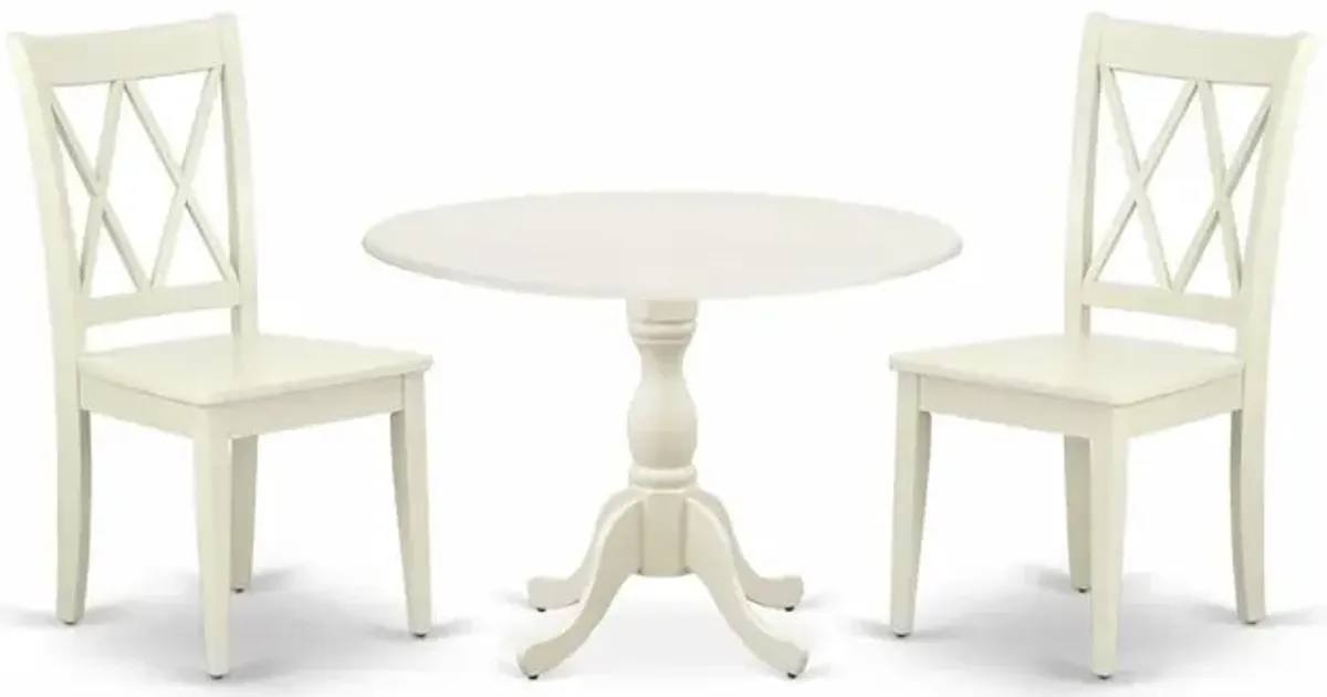 East West Furniture DMCL3-LWH-W 3 Piece Dining Set Contains 1 Drop Leaves Dining Room Table and 2 Linen White Dinning Room Chairs with Double X-Back - Linen White Finish