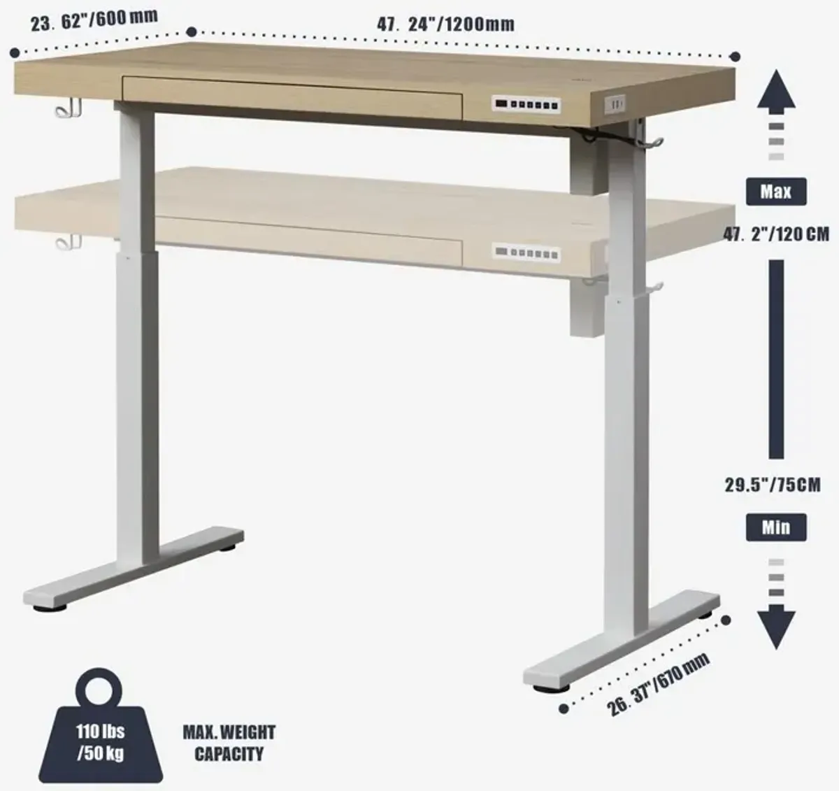 KOWO 48 K305 Electric Height Adjustable Standing Desk, Natural/White