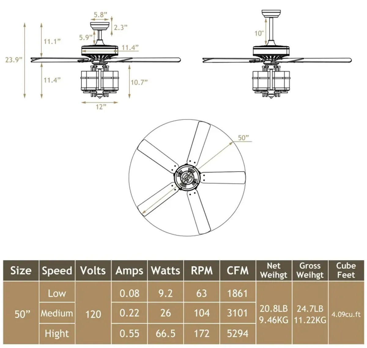 50 Inch Noiseless Ceiling Fan Light with Explosion-proof Glass Lampshades-Black