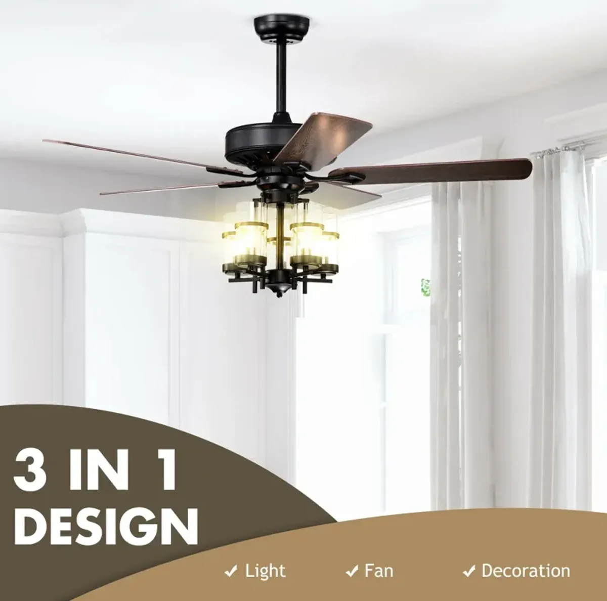 50 Inch Noiseless Ceiling Fan Light with Explosion-proof Glass Lampshades-Black