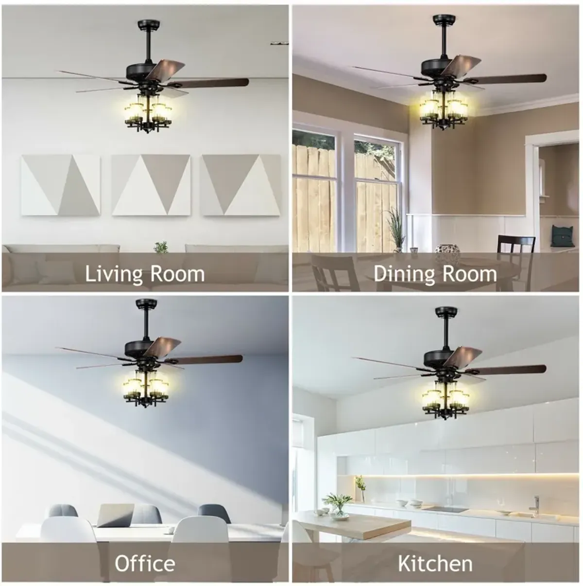 50 Inch Noiseless Ceiling Fan Light with Explosion-proof Glass Lampshades-Black