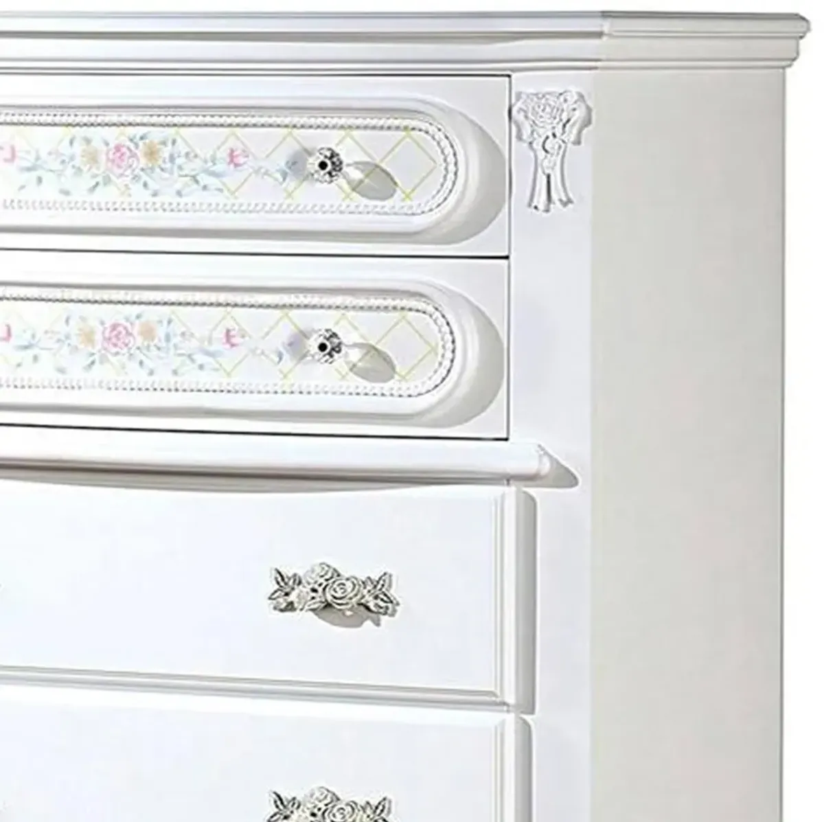 Benjara Auri 52 Inch Tall Dresser Chest, 5 Drawers, Crown Molding, White Wood