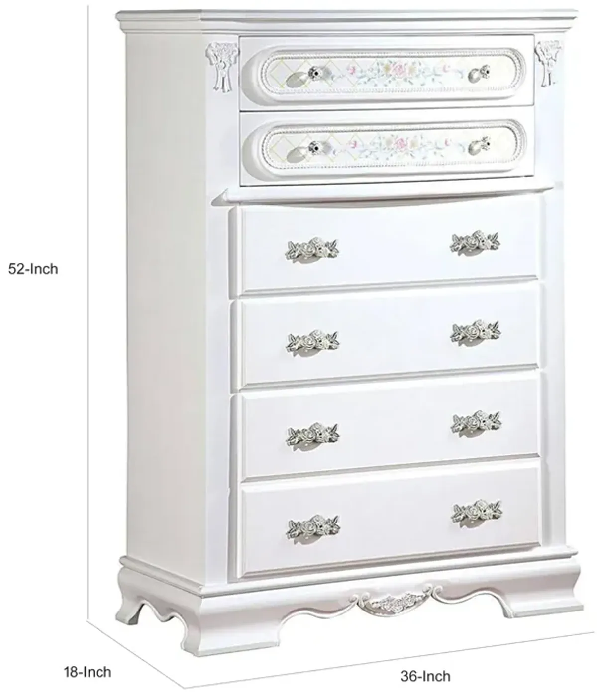 Benjara Auri 52 Inch Tall Dresser Chest, 5 Drawers, Crown Molding, White Wood