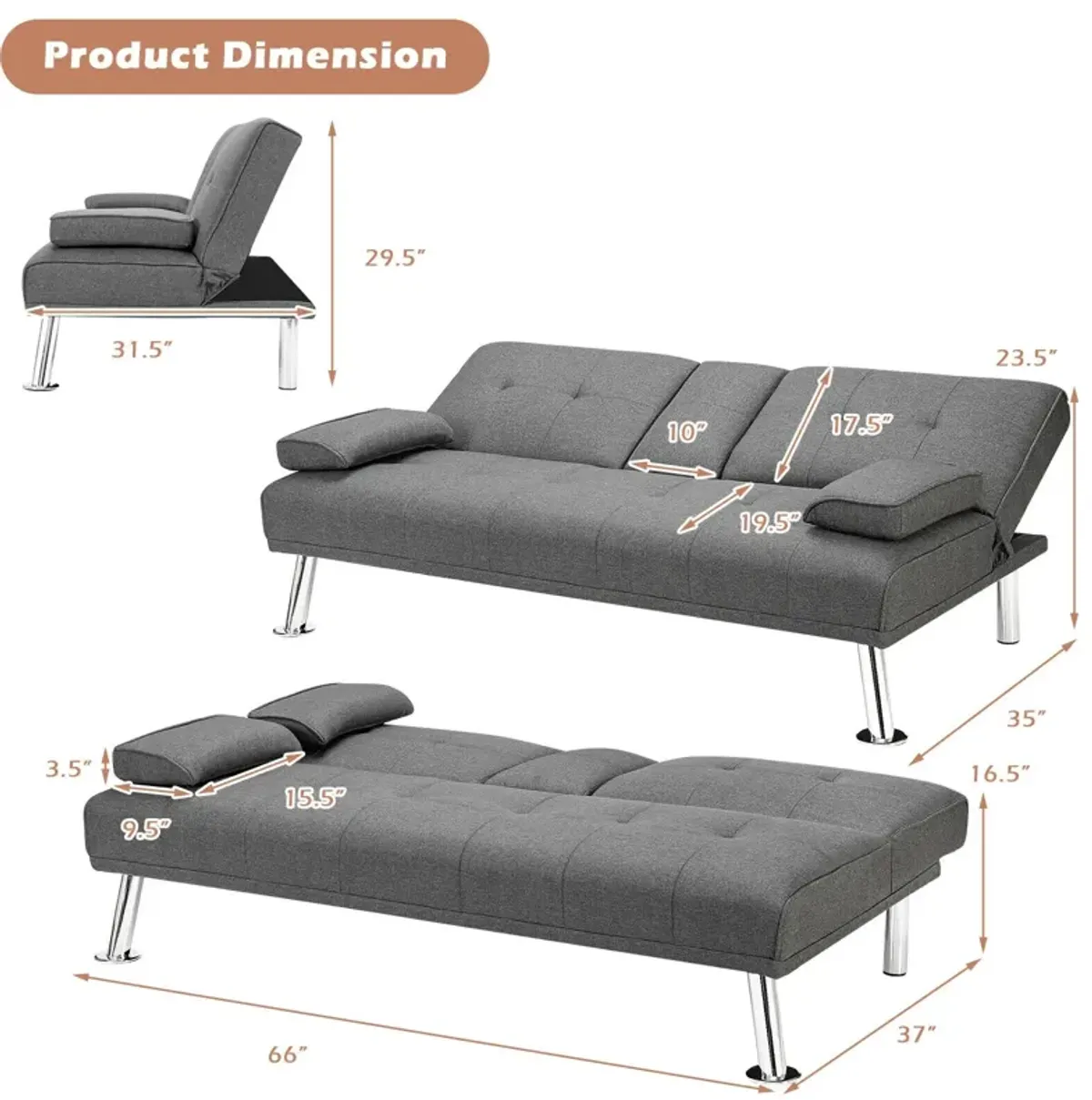 Convertible Folding Futon Sofa Bed Fabric with 2 Cup Holders