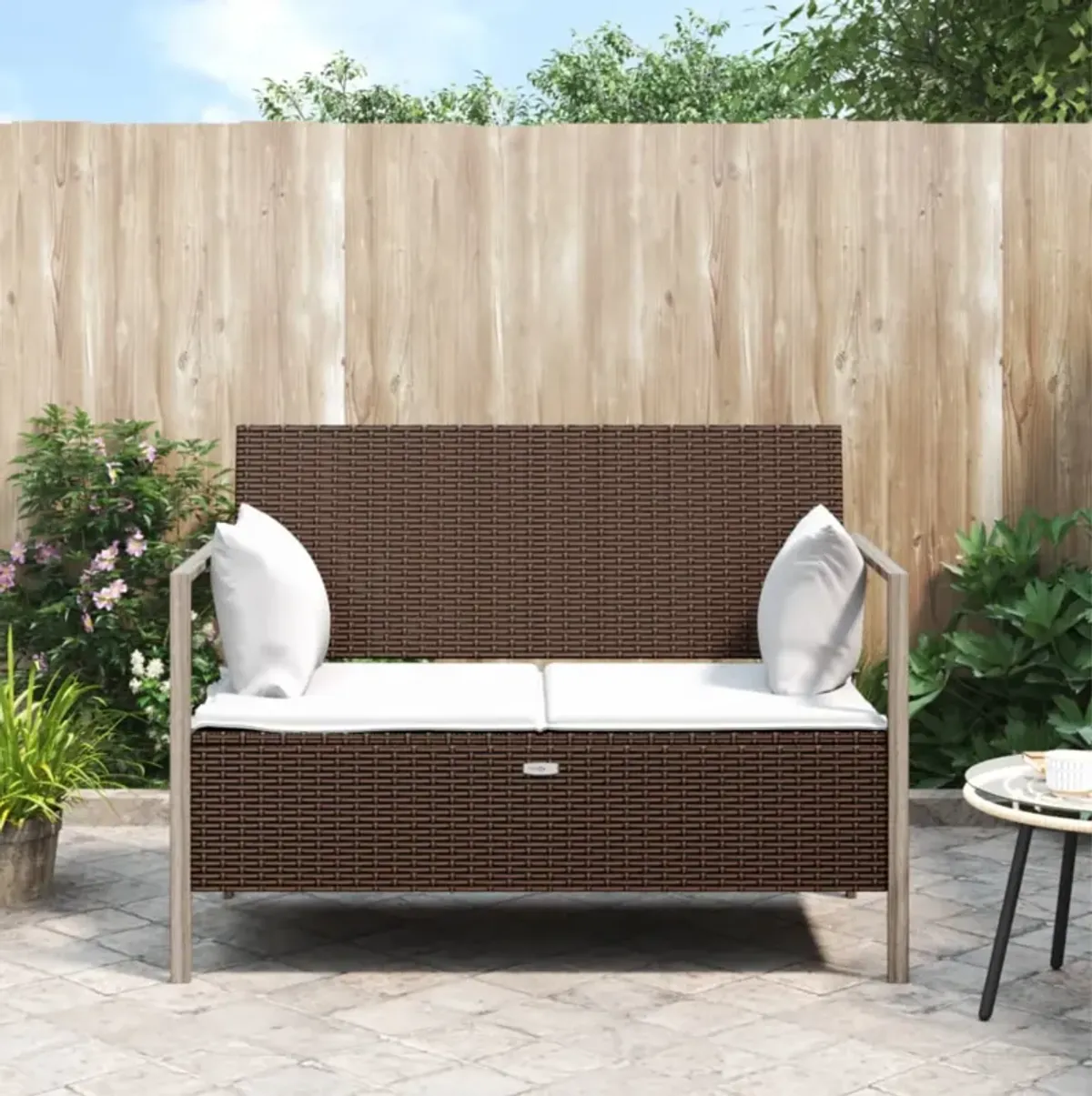 vidaXL 2-Seater Patio Bench with Cushions Brown Poly Rattan