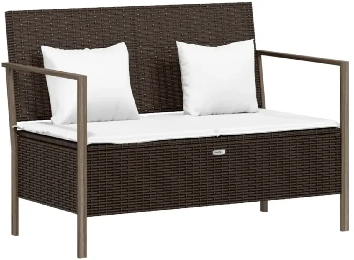 vidaXL 2-Seater Patio Bench with Cushions Brown Poly Rattan