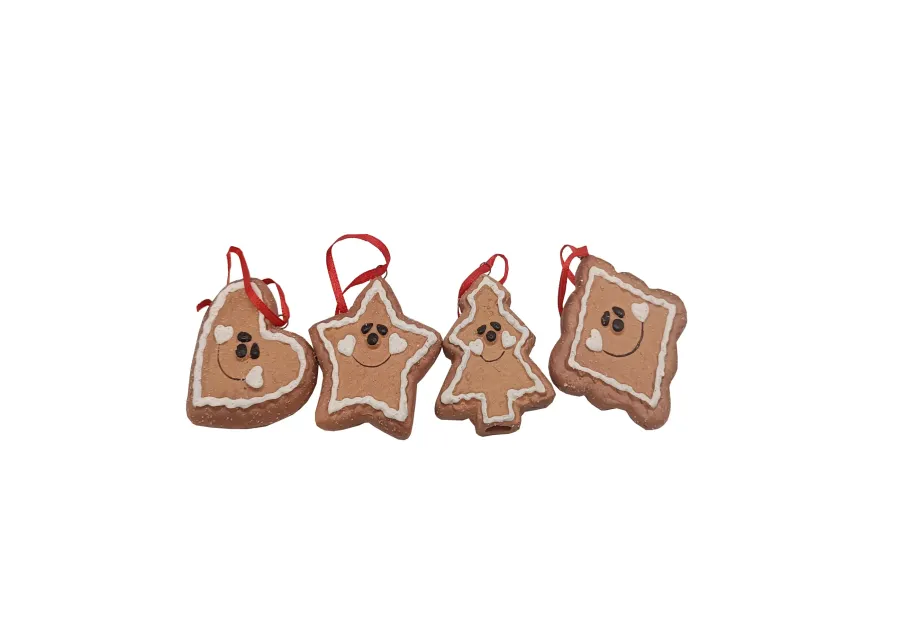 Set of 4 Gingerbread Heart  Star  Tree and Diamond Christmas Ornaments 2.5"