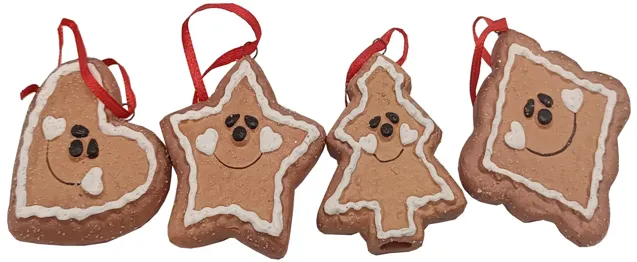 Set of 4 Gingerbread Heart  Star  Tree and Diamond Christmas Ornaments 2.5"