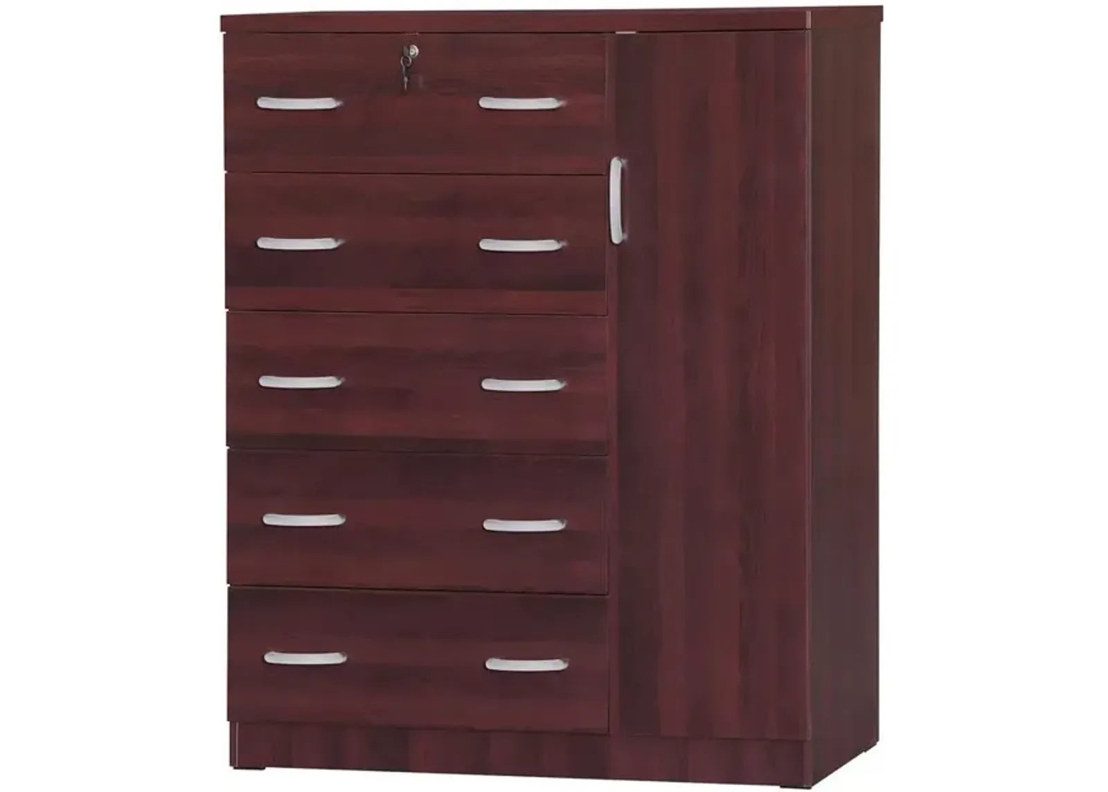 Better Home Products JCF Sofie 5 Drawer Wooden Tall Chest Wardrobe in Mahogany