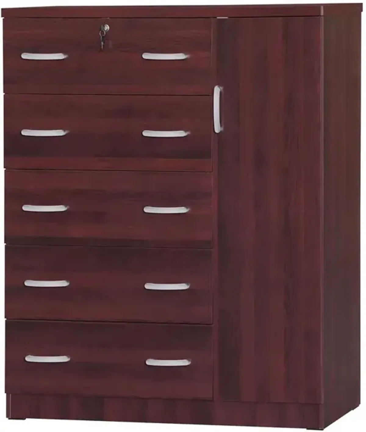 Better Home Products JCF Sofie 5 Drawer Wooden Tall Chest Wardrobe in Mahogany