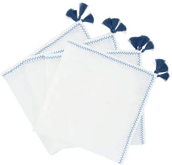 Linen Napkins With Navy Tassels, Set of 4
